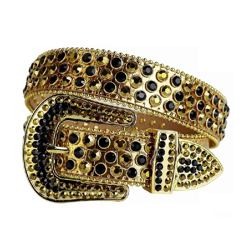 Contemporary elastic studded belt-Gold Strap With Black & Gold Studded Rhinestone Belt