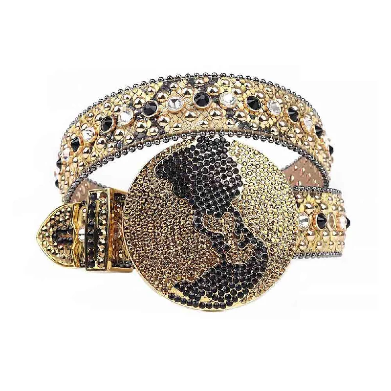 Slim patent snakeskin belt-Gold Strap With Black, Gold & Transparent Studded Rhinestone Belt