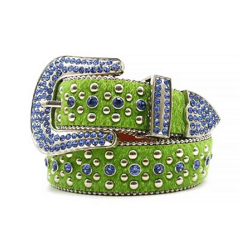 Vintage denim floral belt-Green Strap With Blue Crystal Stones Sparkling Belt