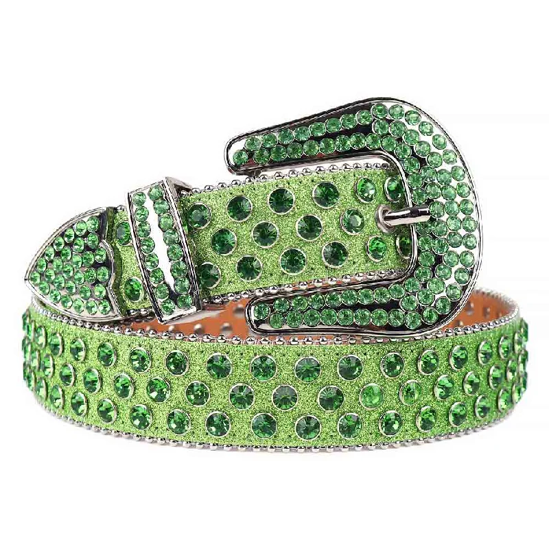 Contemporary stretch suede belt-Green Strap With Green Studded Rhinestone Belt