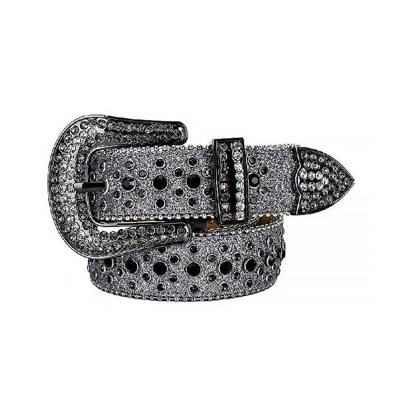 Unique antique silver belt-Glitter Grey Strap With Black Studded Rhinestone Belt