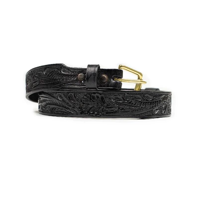 Minimalist white fabric buckle-Hand-tooled leather belt in black