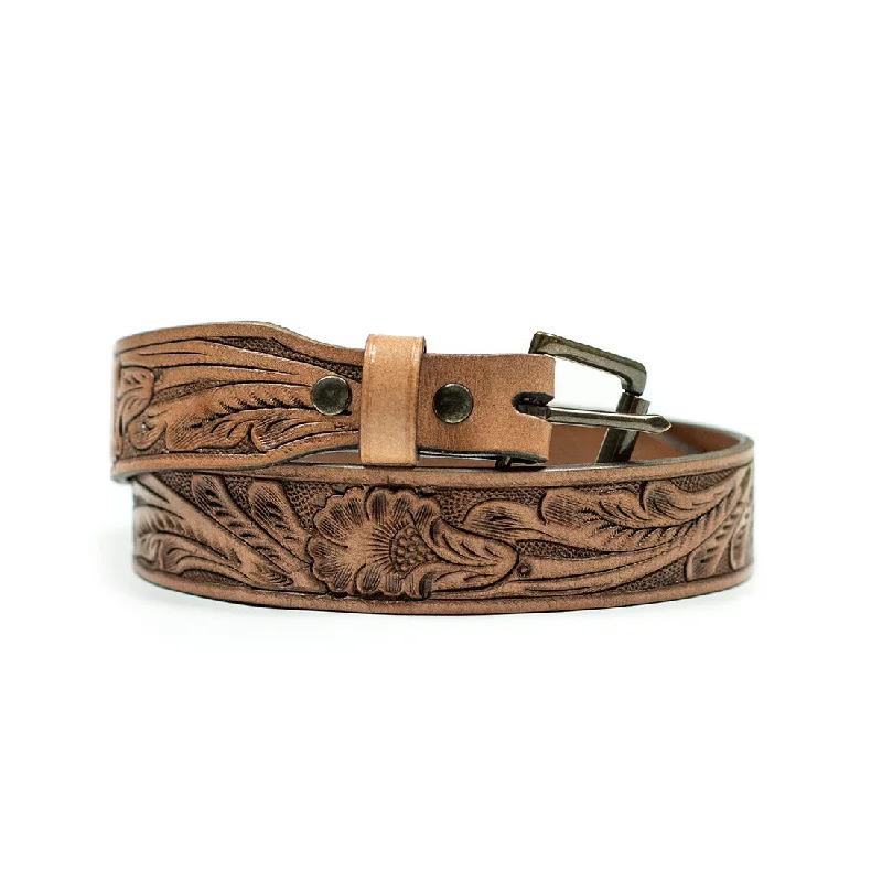 Wide suede floral belt-Hand tooled leather belt in cognac