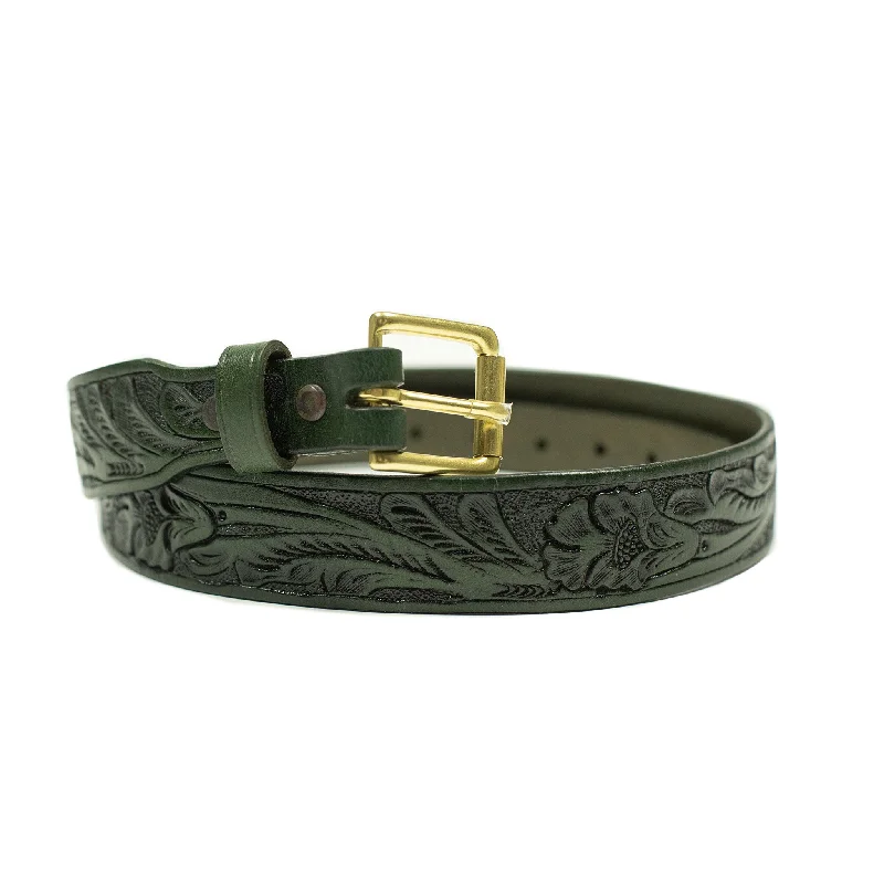 Modern matte silver buckle-Hand tooled leather belt in emerald green