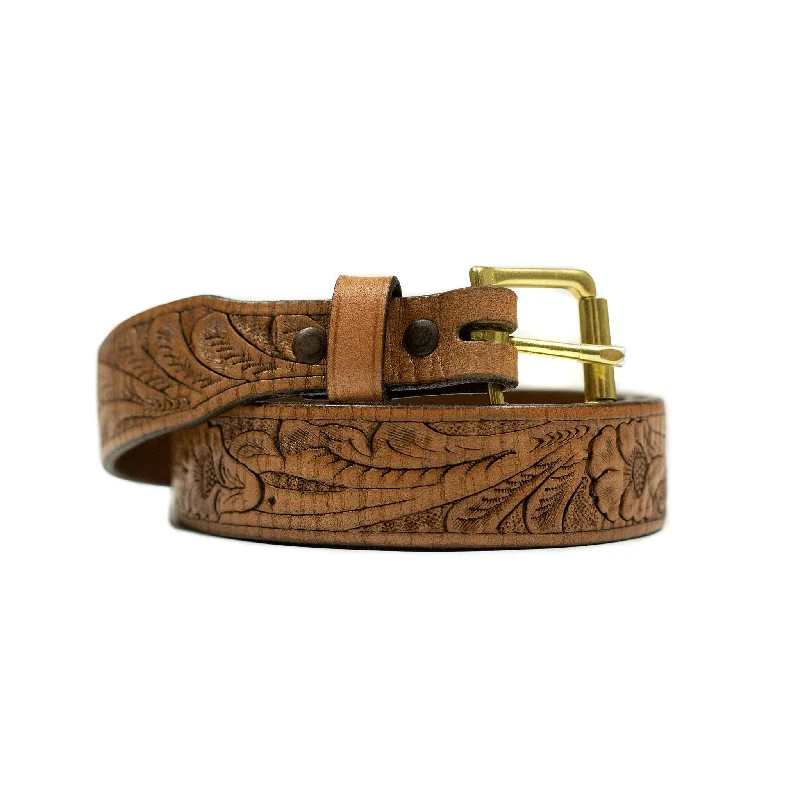 Vintage cotton military belt-Hand tooled leather belt in cognac (restock)