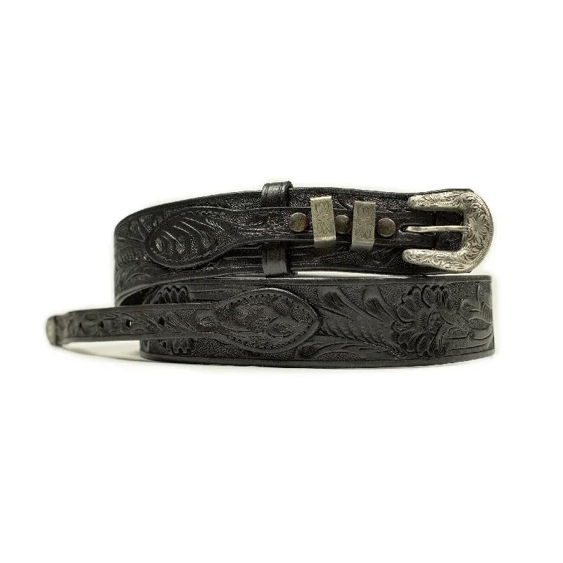 Contemporary stretch nylon belt-Hand tooled ranger belt in black leather