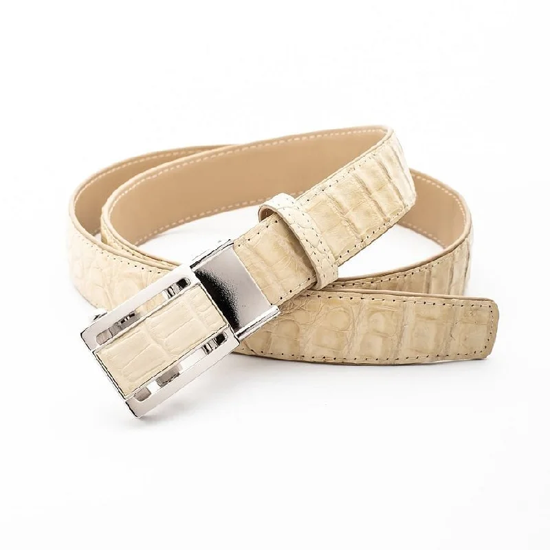 Contemporary elastic plaid belt-Ivory White Genuine Crocodile Belt