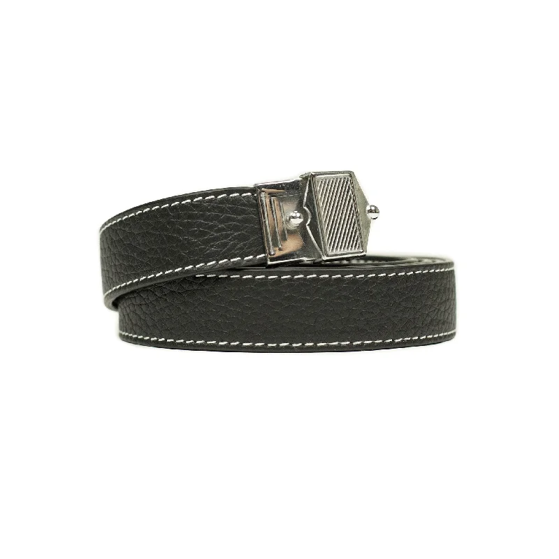 Modern gold fabric buckle-Long belt with vintage brass pin buckle in black tumbled leather