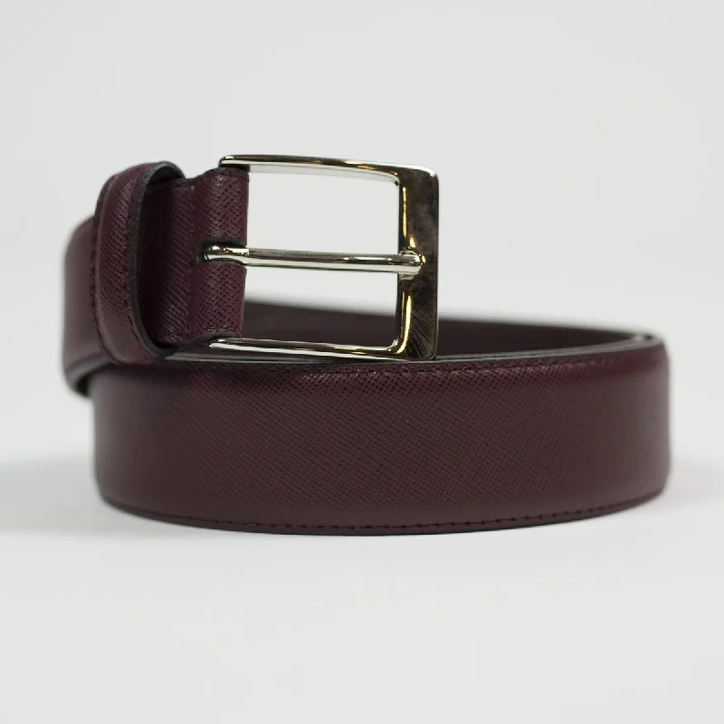 Rustic woven fabric belt-Marroon Saffiano leather dress belt