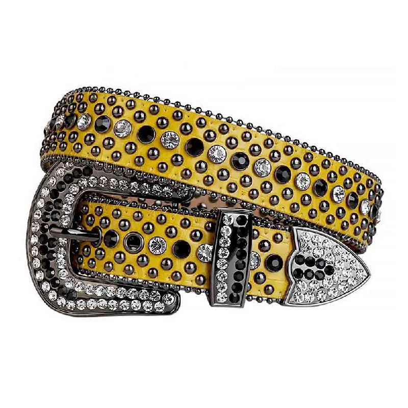 Minimalist gray suede belt-Rhinestones Leather Belt   Yellow With Studs Black And White Stones