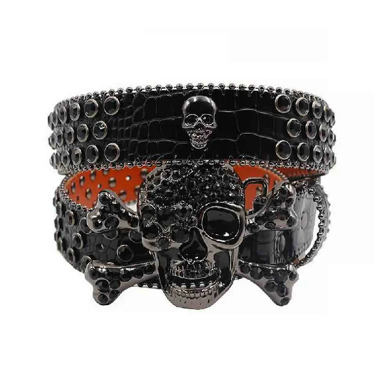 Elegant gold buckle belt-Metal Skull Black Crocodile Strap With Black Studded Rhinestone Diamond Belt