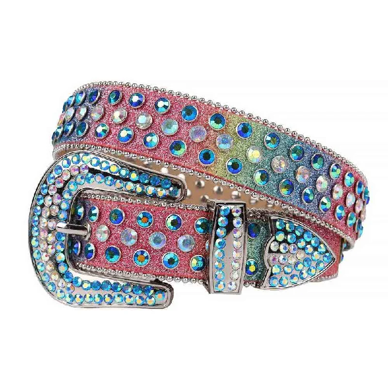 Contemporary elastic nylon belt-Multi Strap With Multi & Blue Studded Rhinestone Belt