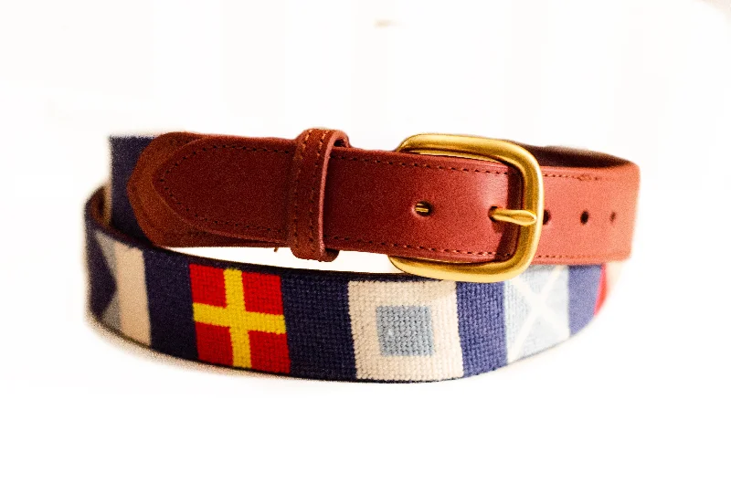 Slim patent cowboy belt-NAUTICAL FLAG NEEDLEPOINT BELT™