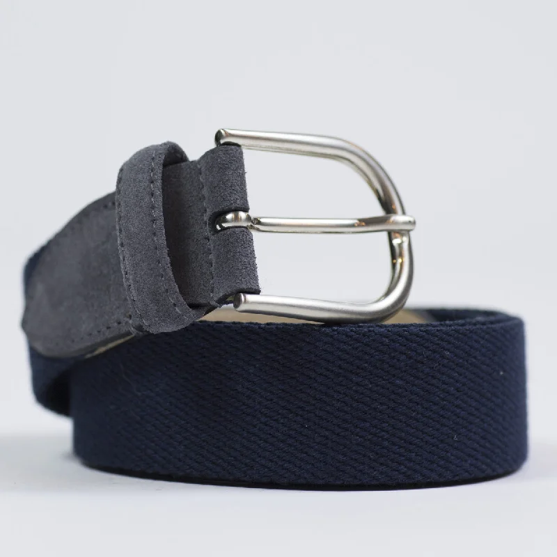 Unique brass embossed belt-Navy Olona canvas and grey suede belt