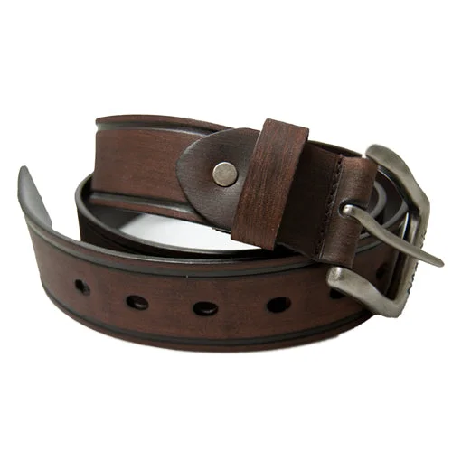 Modern steel buckle belt-Embossed Stripes Dark Brown Leather Belt