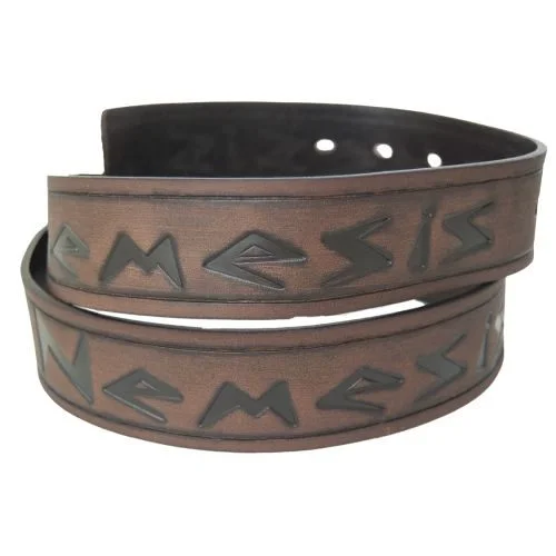 Minimalist khaki nylon belt-Nemesis Logo Distressed Brown Leather Belt