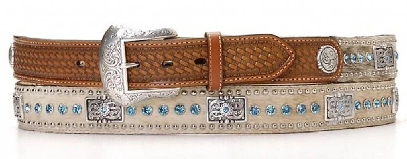 Wide suede cowboy belt-MF Western Nocona Belt Western Blue Rhinestones Nat Calf Hair Style N24421-48