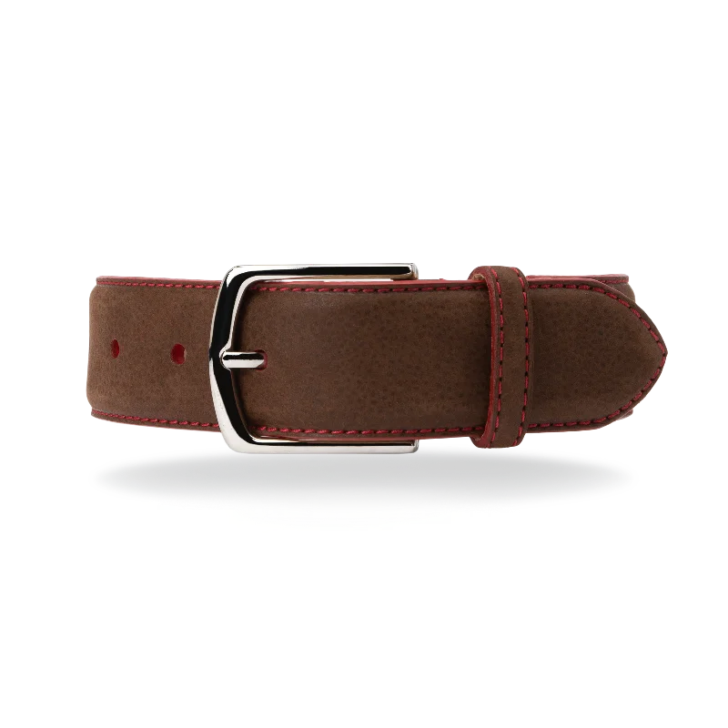 Slim leather cowboy belt-Nubuck Belt - Brown Nubuck/Red Stitch