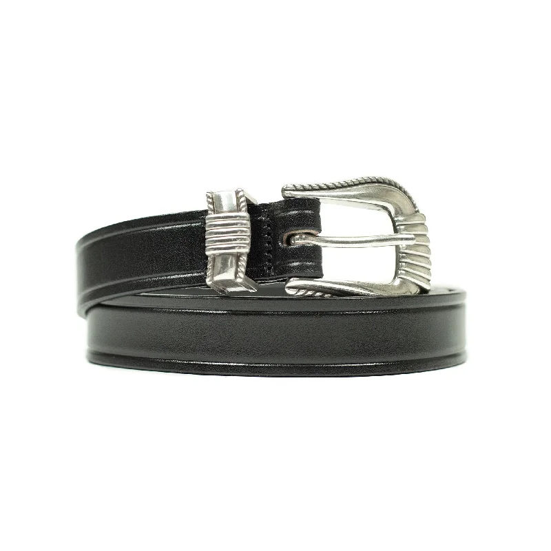 Rustic brown leather buckle-One-inch extended Western belt in black leather (restock)