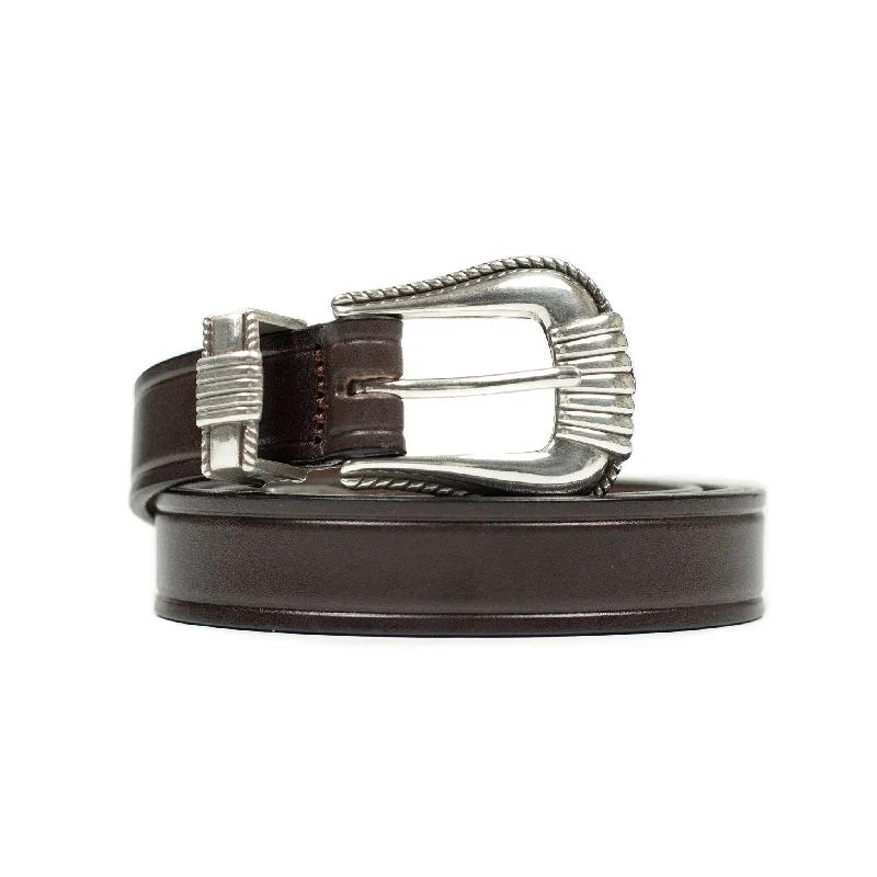 Elegant navy patent buckle-One-inch extended Western belt in havana brown leather (restock)