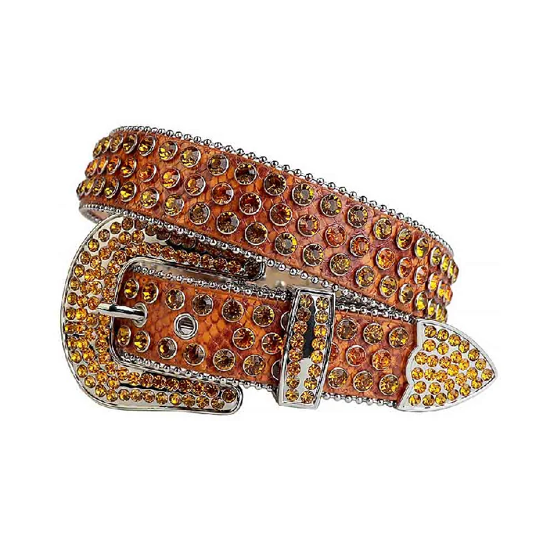 Rustic leather embossed belt-Orange & Brown Strap With Orange & Brown Studded Rhinestone Belt