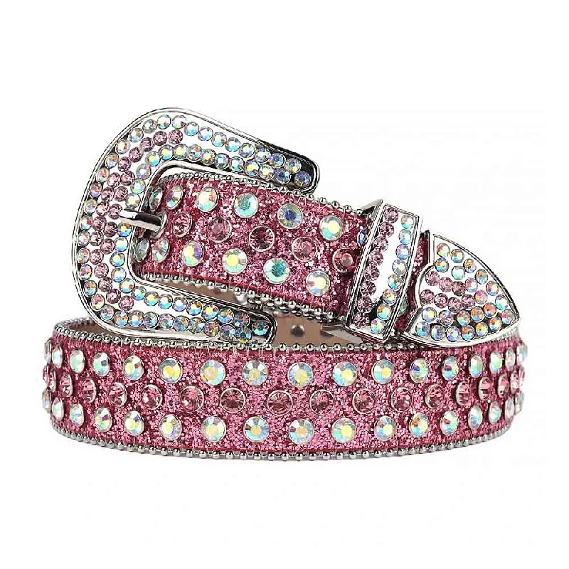 Slim canvas snakeskin belt-Pink Strap With Pink & Multi Color Studded Rhinestone Belt