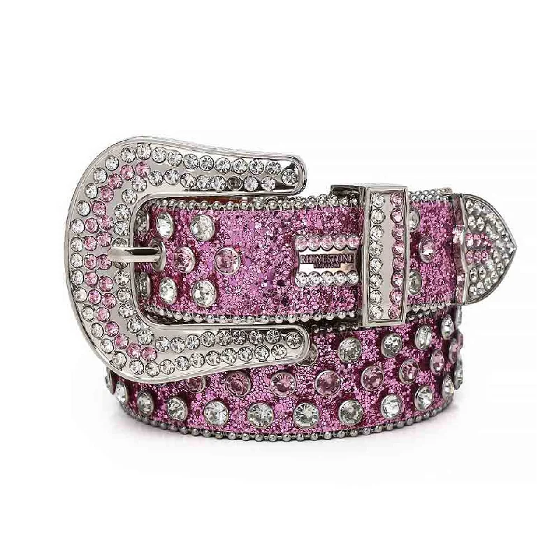 Slim patent leather belt-Pink Strap With Pink Shiny Crystal Rhinestone BB Belt