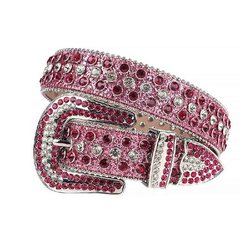 Modern matte silver belt-Pink Strap With Pink & White Studded Rhinestone Belt