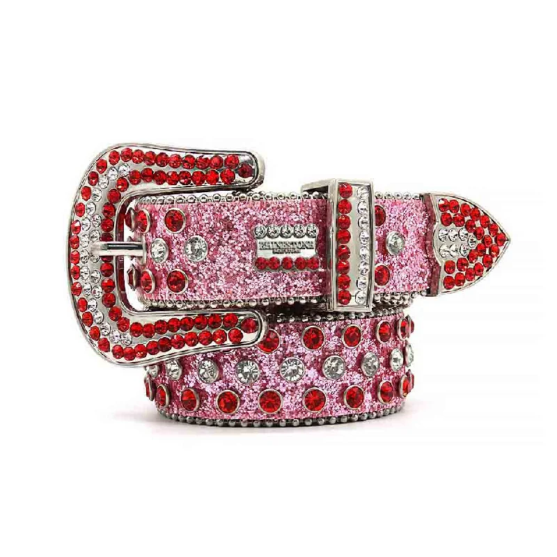 Contemporary stretch canvas belt-Pink Strap With Shiny Red & Silver Studs Sparkle BB Belt