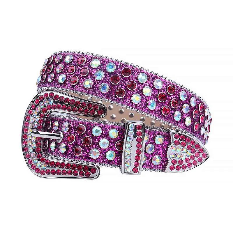 Contemporary woven fabric belt-Purple Strap With Multi & Red Studded Rhinestone Belt