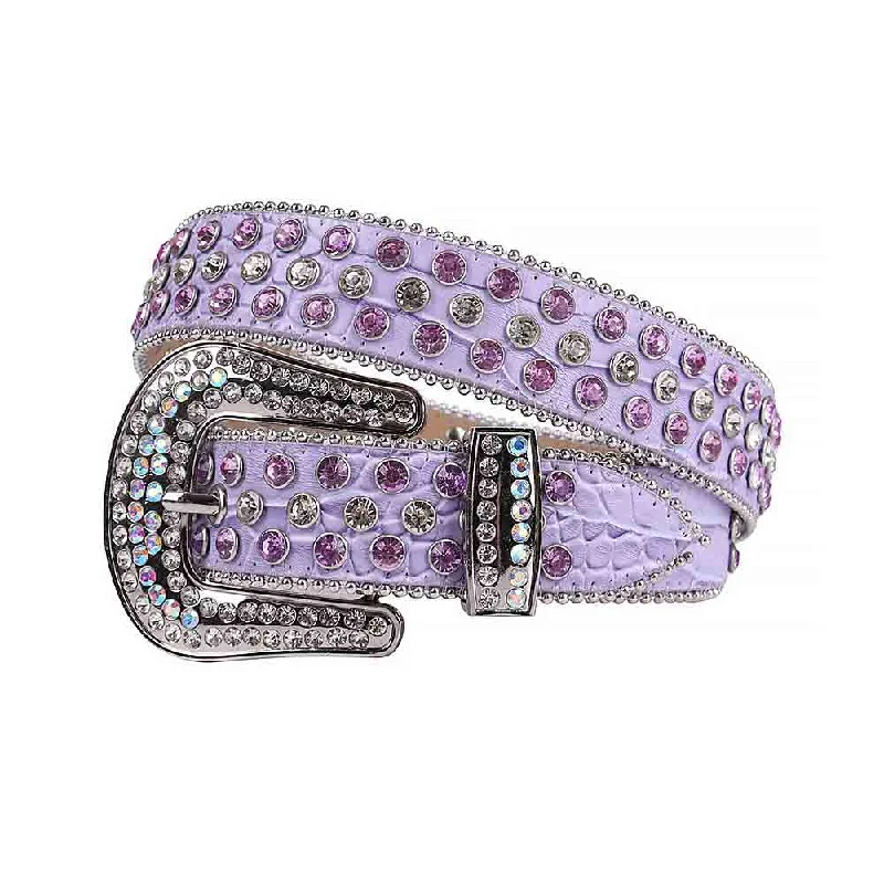 Handmade leather tooled belt-Purple Strap With White & Purple Studded Rhinestone Belt