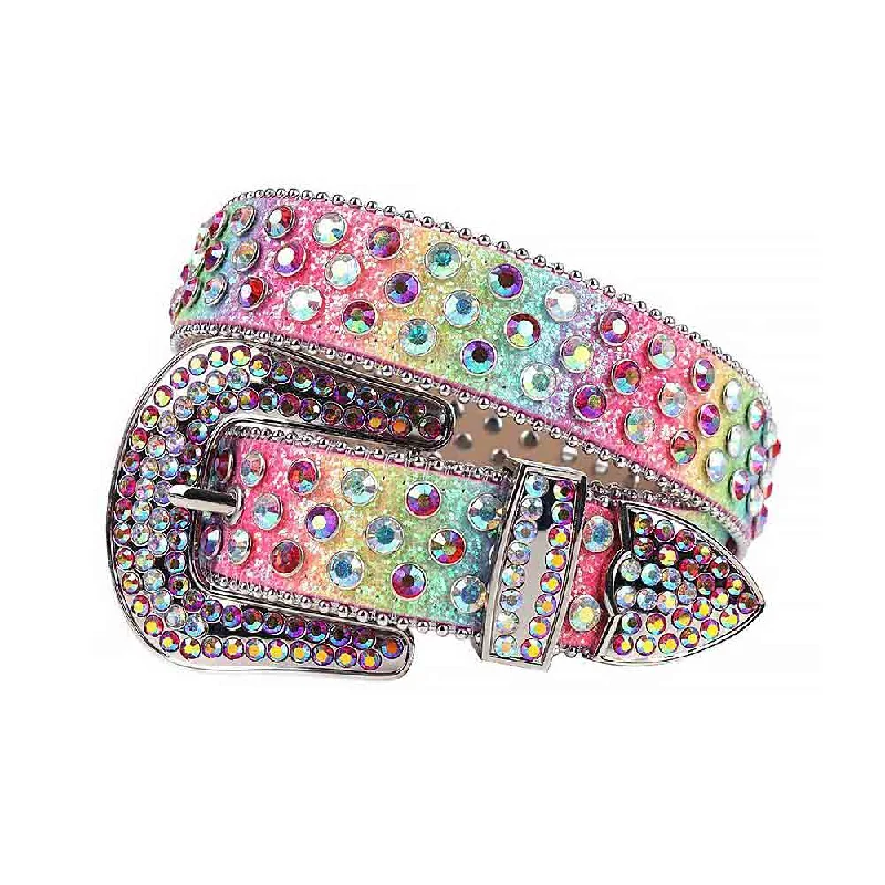 Unique reversible tan belt-Rainbow Multi Color Strap With Multi Color Studded Rhinestone Belt