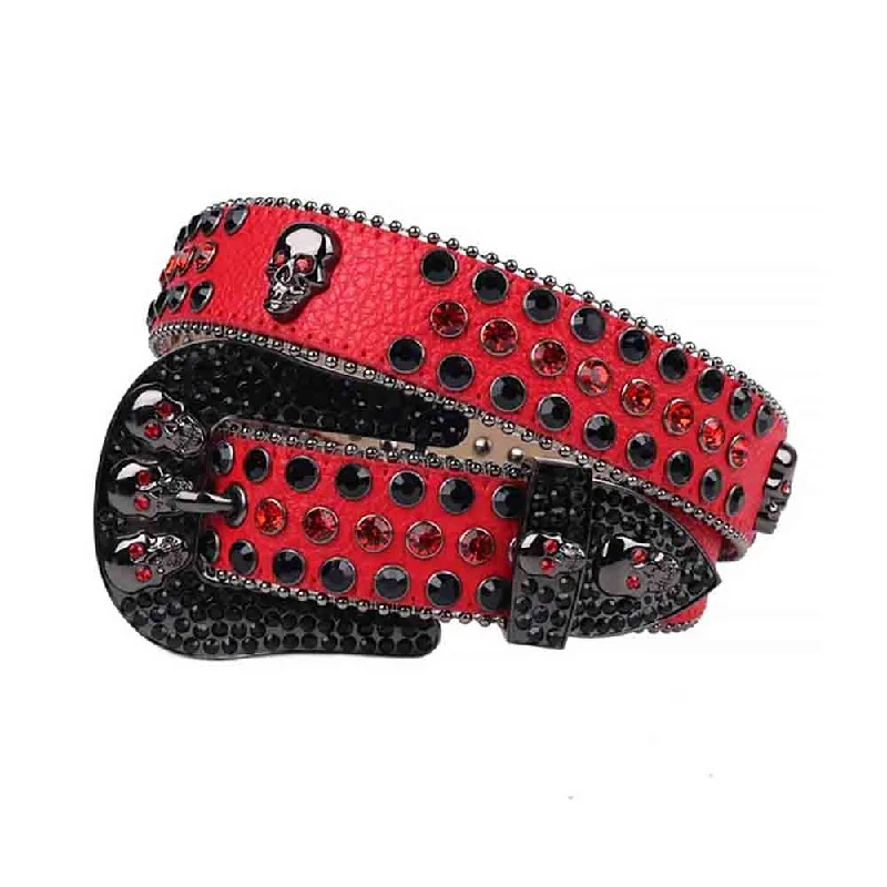 Modern nylon tactical belt-Red Strap With 7 Skulls Red & Black Studded Rhinestone Belt