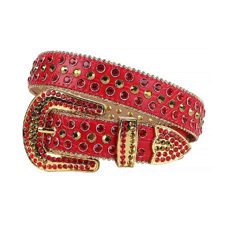 Modern gold suede buckle-Red Strap With Gold & Red Studded Rhinestone Belt