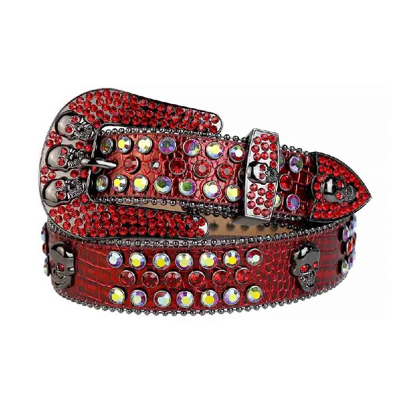 Handcrafted suede striped belt-Red Strap With Red & Multi Color Studded Rhinestone Belt