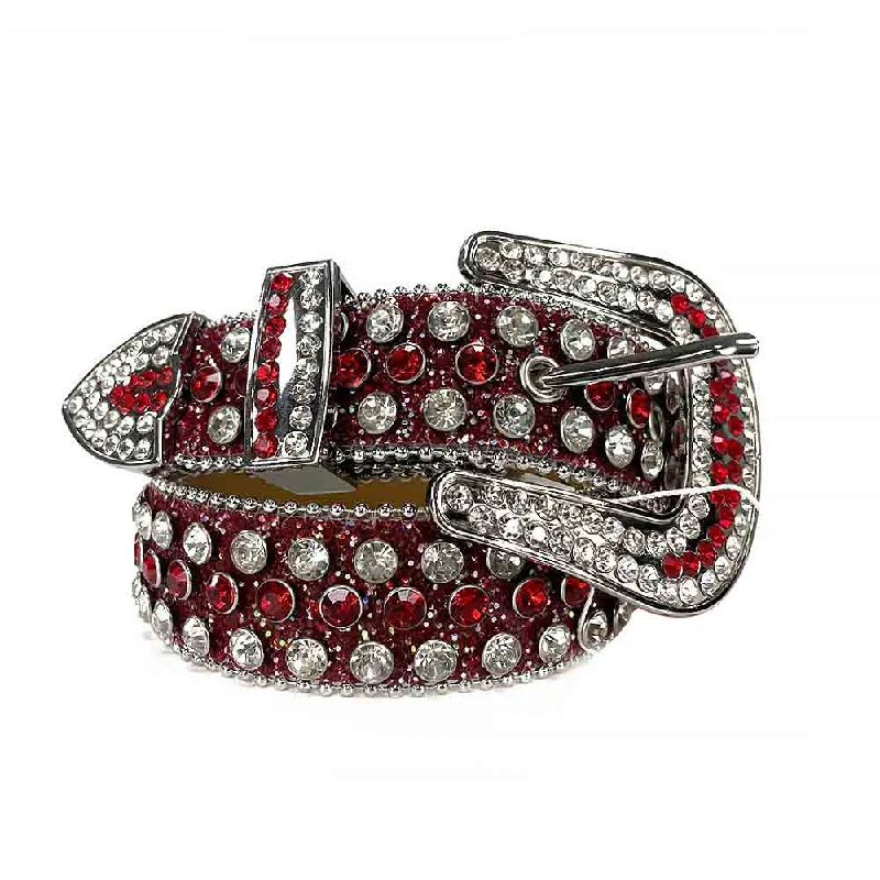 Vintage leather studded belt-Red Strap With Red & Sparkling Diamond White Studded Rhinestone Belt