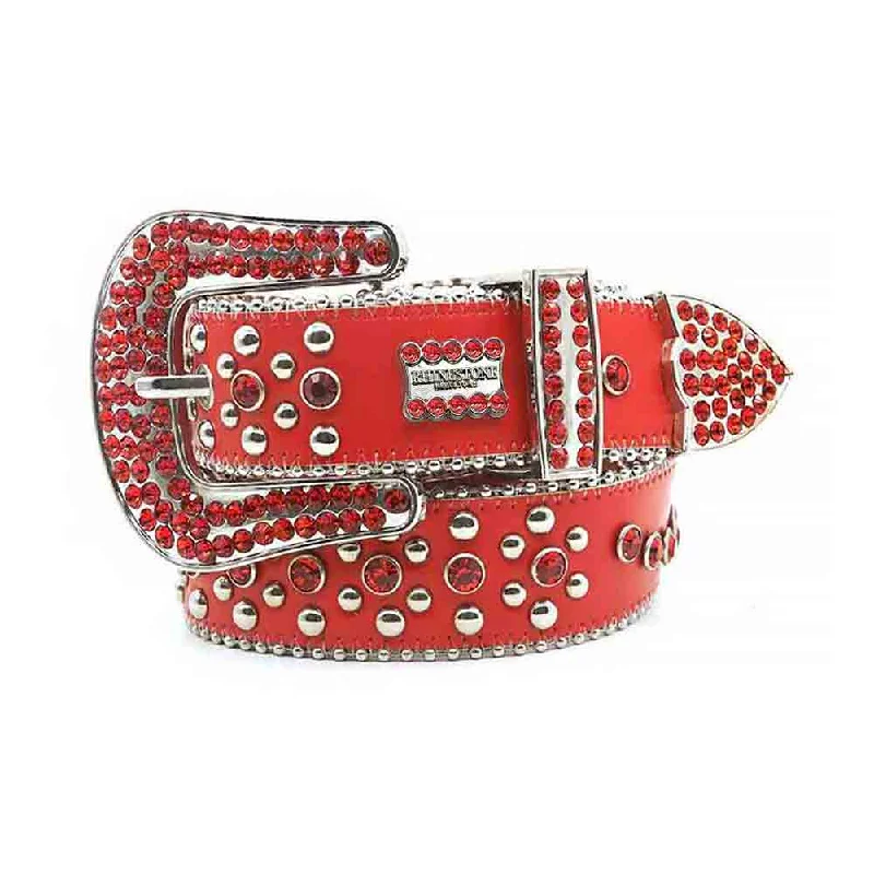 Slim suede embossed belt-Red Strap With Red Studded Rhinestone BB Belt