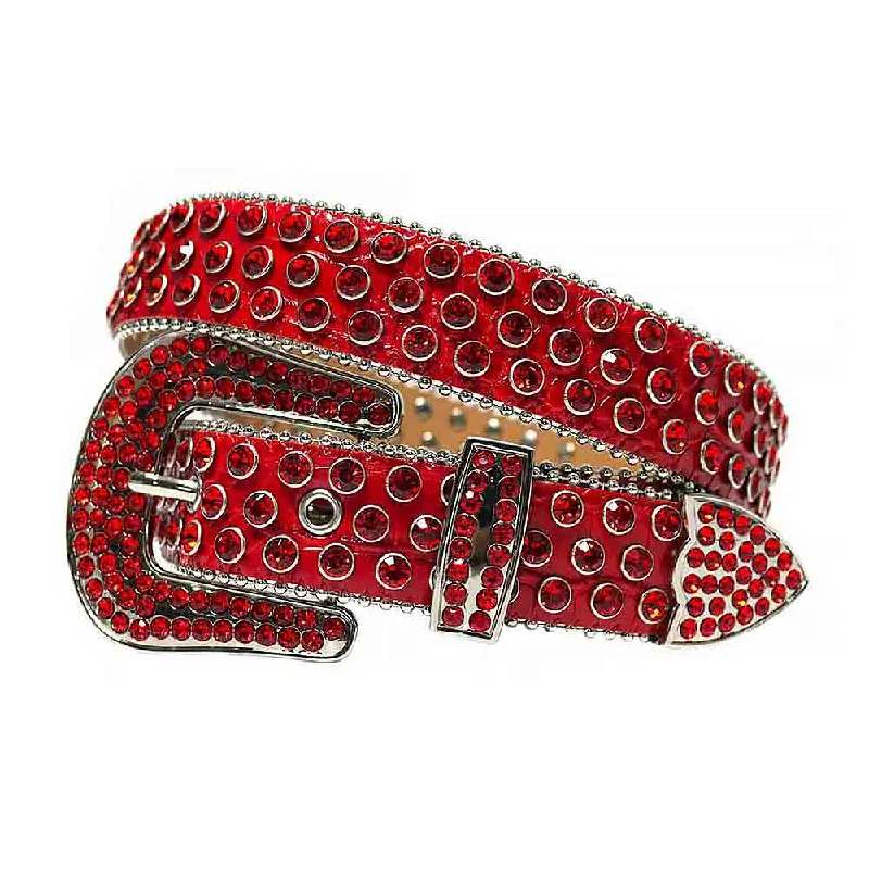 Wide canvas tactical belt-Red Strap With Red Studded Rhinestone BB Belt with Silver Red Buckle