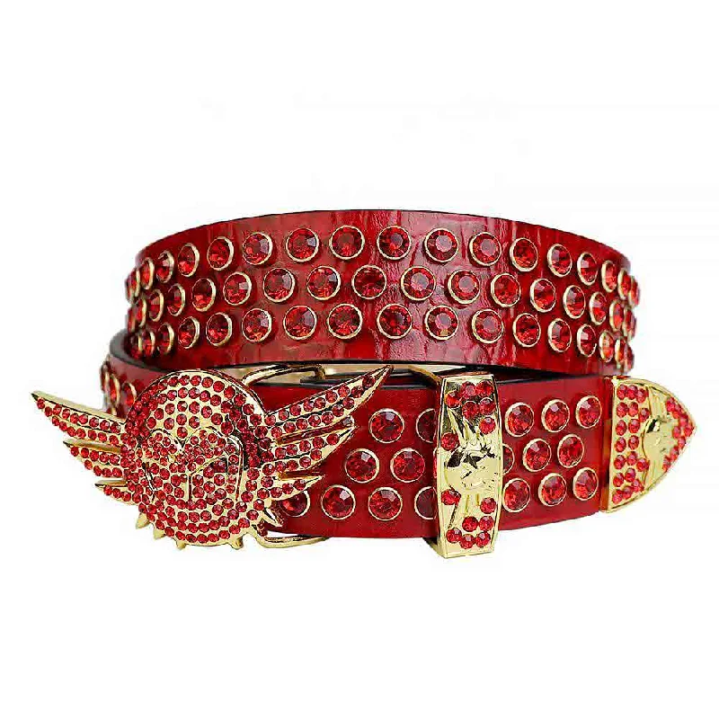 Contemporary elastic snakeskin belt-Red Strap With Red Studded Rhinestone Belt with Shiny Gold Angel Wings Red Buckle