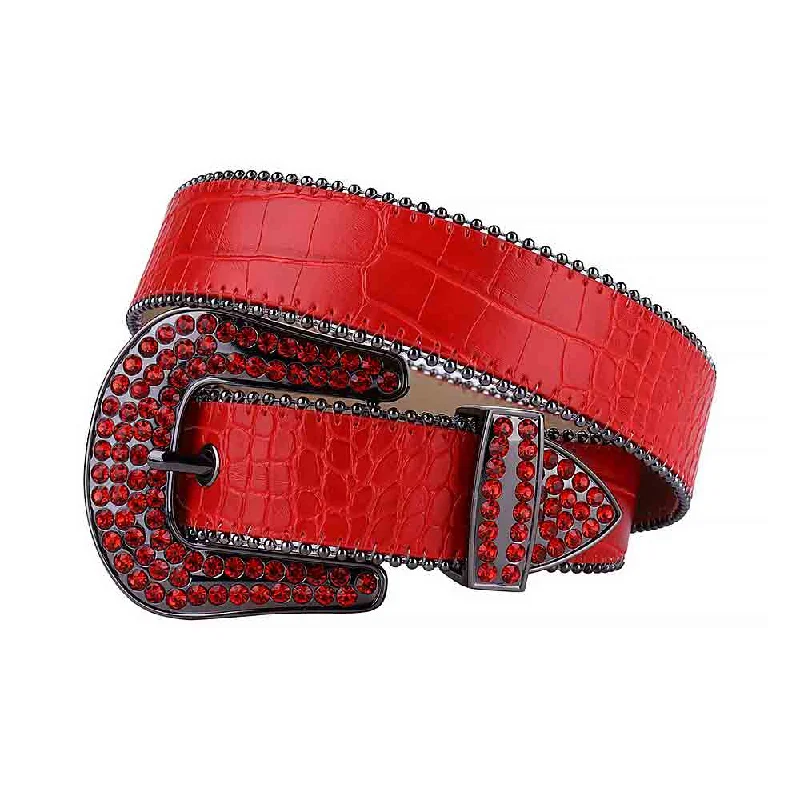 Minimalist brown fabric belt-Red Strap With Red Studded Rhinestone Belt