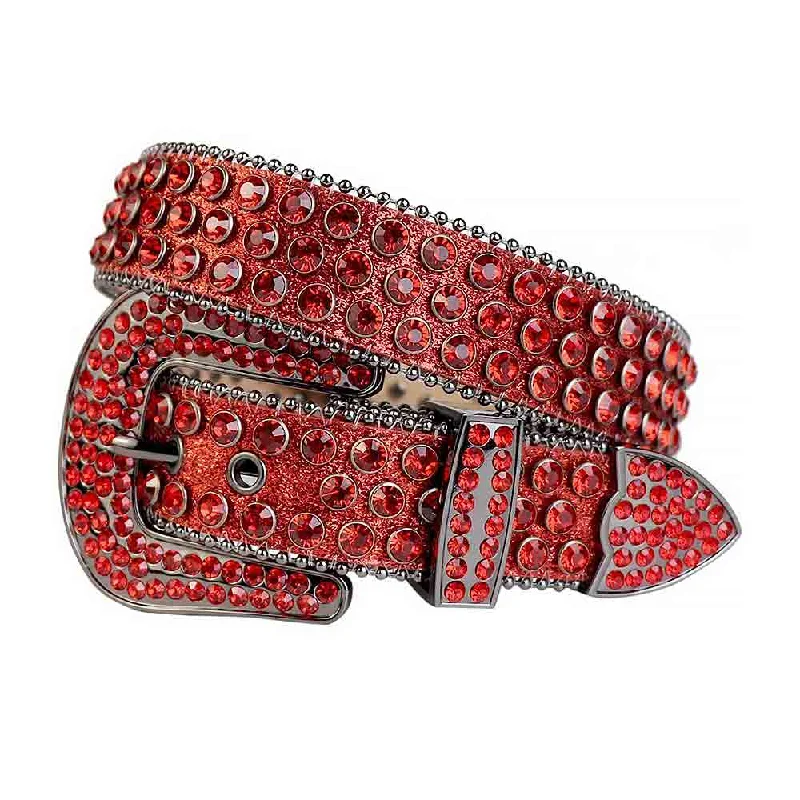 Handmade suede studded belt-Red Strap With Red Studded Rhinestone Belt with Dark Grey Red Buckle