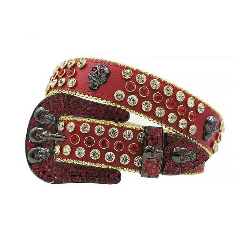 Vintage denim cargo belt-Red Strap With Red & White Studded Rhinestone Belt