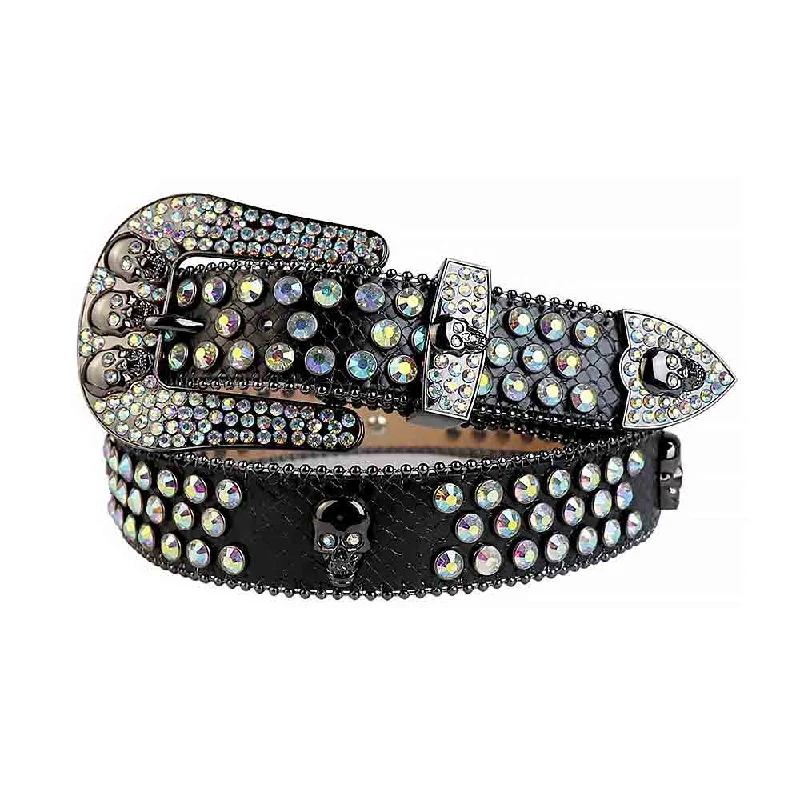 Slim leather cowboy belt-Rhinestone Black Belt And Multi Colour stones Black Skulls Buckle studded With Multi Color Rhinestones