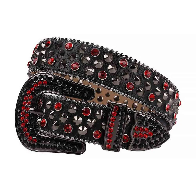 Modern silver leather belt-Rhinestone Black belt and Red Crystal Diamonds with Black Buckle Studded with Red & Black Crystal Diamonds Rhinestones