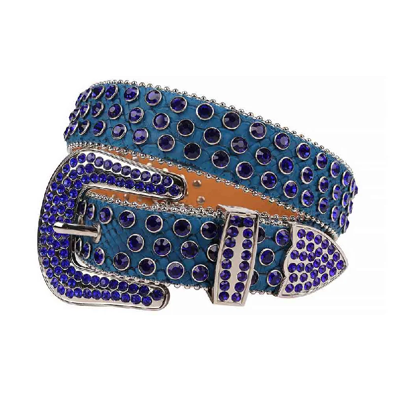 Slim leather floral belt-Rhinestone Blue Belt and Blue Crystal Diamonds with Silver Buckle Studded with Blue Crystal Diamonds Rhinestones