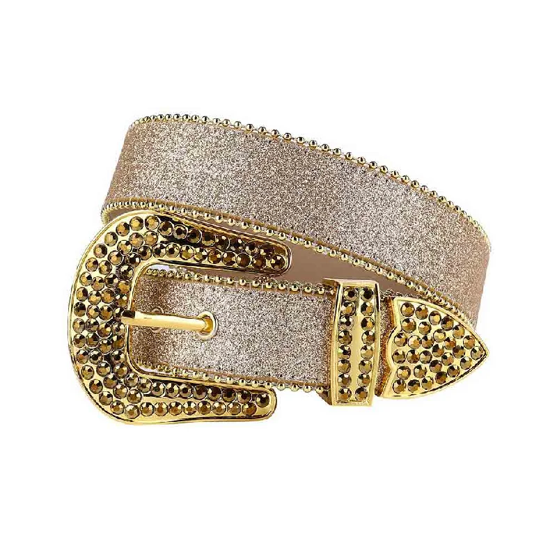 Modern silver fabric belt-Champagne Gold Shining Leather Belt and Gold Buckle with Gold Rhinestones