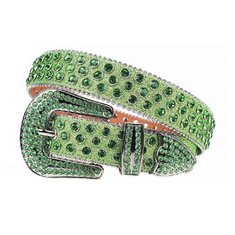 Modern gold suede belt-Rhinestone Green Belt And Green stones Grey Buckle studded With Green Rhinestones