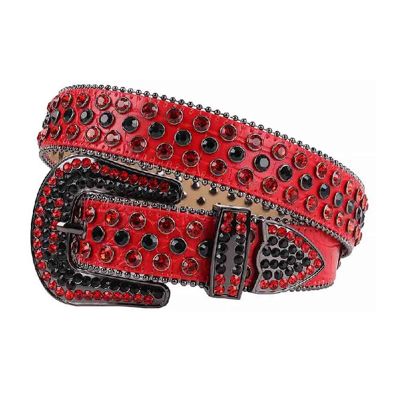 Vintage denim studded belt-Rhinestone Red belt and Black & Red Crystal Diamonds with Black Buckle Studded with Black & Red Crystal Diamonds Rhinestones