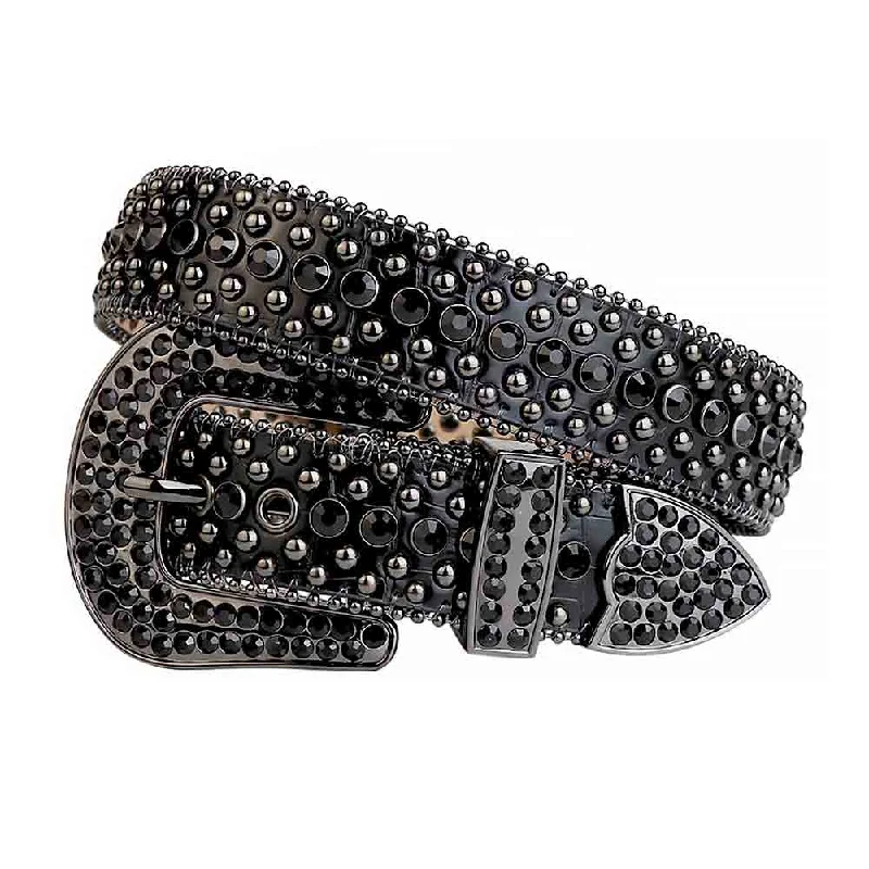 Vintage denim military belt-Rhinestone Studded Black Leather Belt with Black Stones