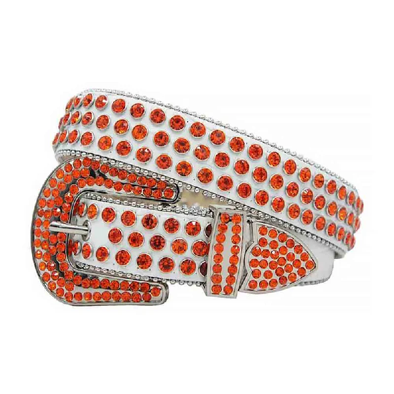 Elegant patent red belt-Rhinestone White Belt And Orange stones Grey Buckle studded With Orange Rhinestones